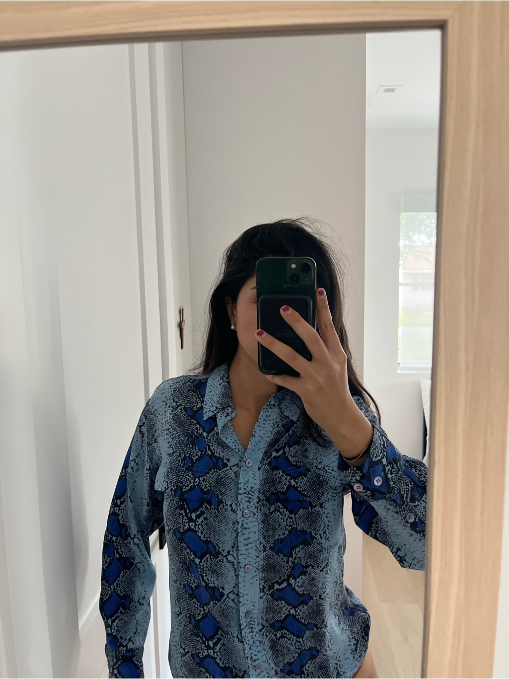 Equipment Blue And Black Snake-Print Silk Blouse